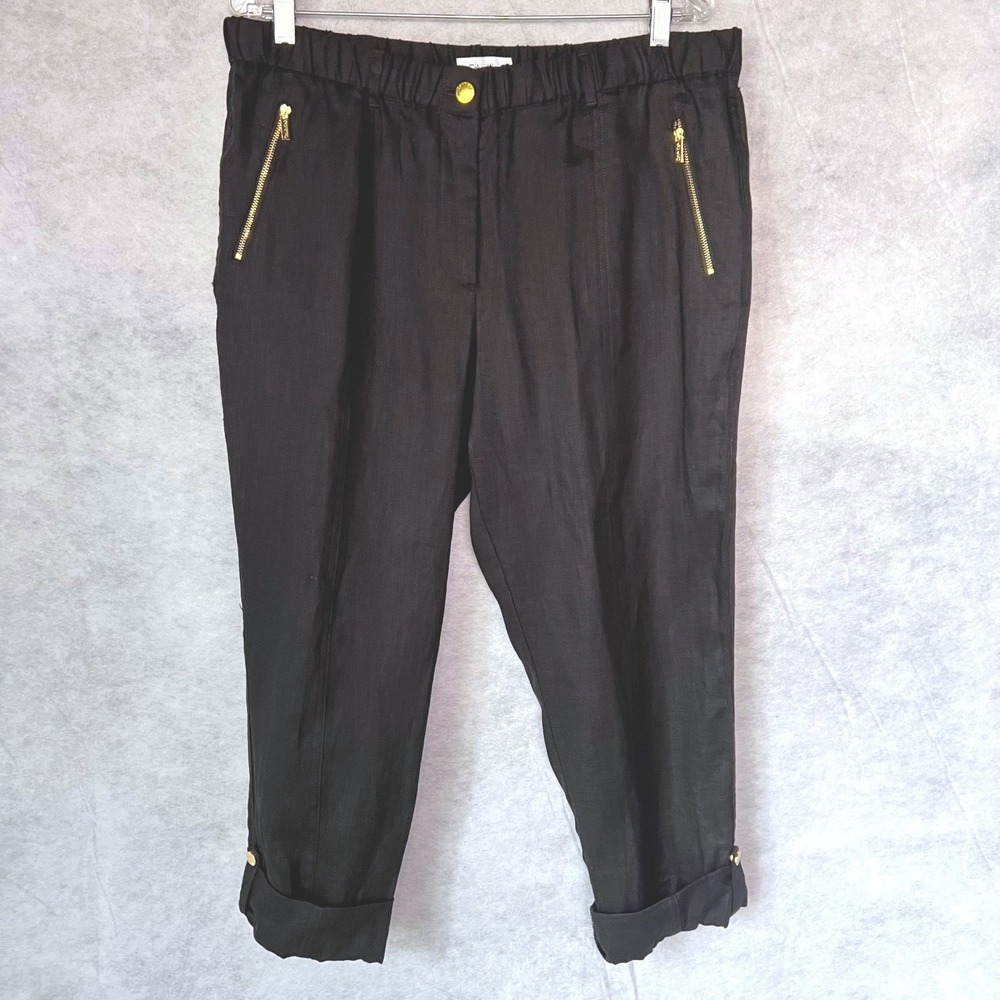 Calvin Klein Cropped Linen Pants Black Gold‎ Accents Button Cuff Hem Drawstring